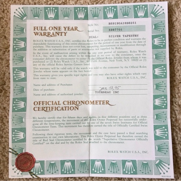 Rolex Warranty Certificate with Green and White Border - Picture 4 of 9